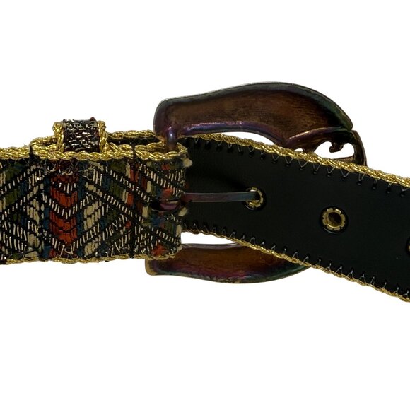 Capezio Womens Vtg Tapestry Belt Metallic Gold Geometric Patina Metal Buckle M/L - Picture 7 of 7